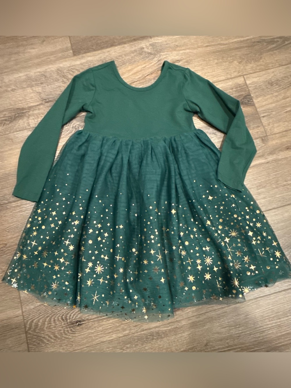 Hanna Andersson Emerald Green Long-Sleeve Gold Star Tulle Dress